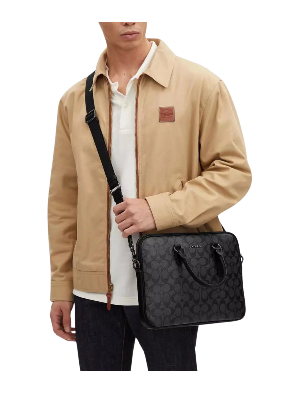 on-model-2-Coach-Liam-Compact-Brief-In-Signature-Canvas-Charcoal-Black