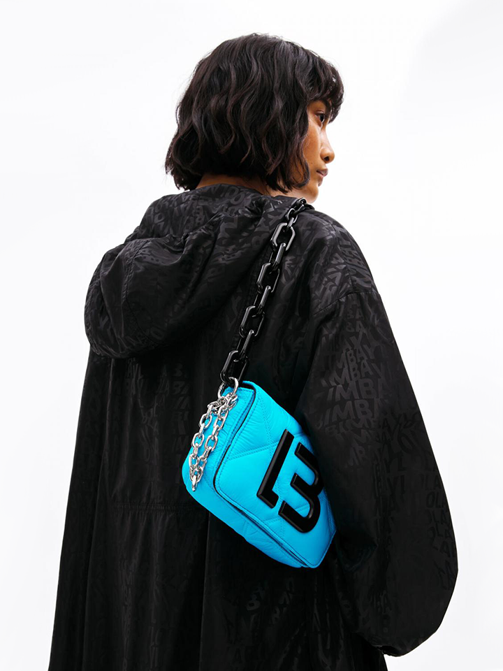Bimba-Y-Lola-Extra-Small-Padded-Nylon-Flap-Bag-Neon-Blue-Balilene-onmodel