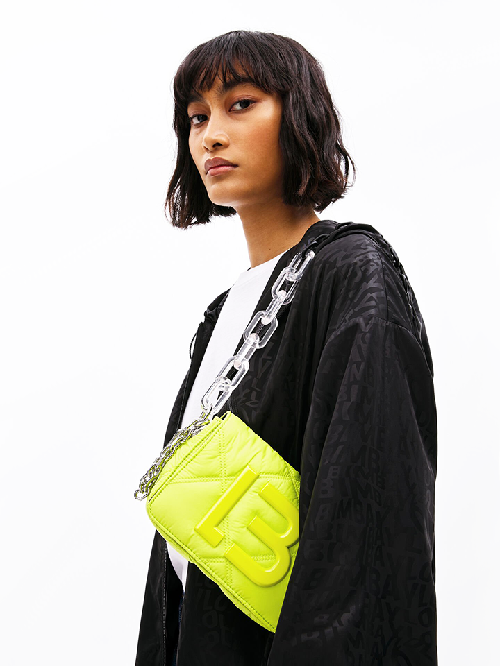 Bimba-Y-Lola-Extra-Small-Padded-Nylon-Flap-Bag-Neon-Green-Balilene-onmodel