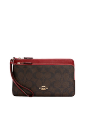 Coach-Double-Zip-Wallet-Signature-Khaki-Brown-Red