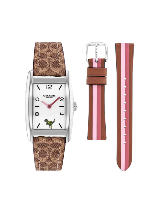 Coach-Reese-Quartz-Watch-24mm-Khaki-With-Interchangeable-Pink-Striped-Leather-Strap