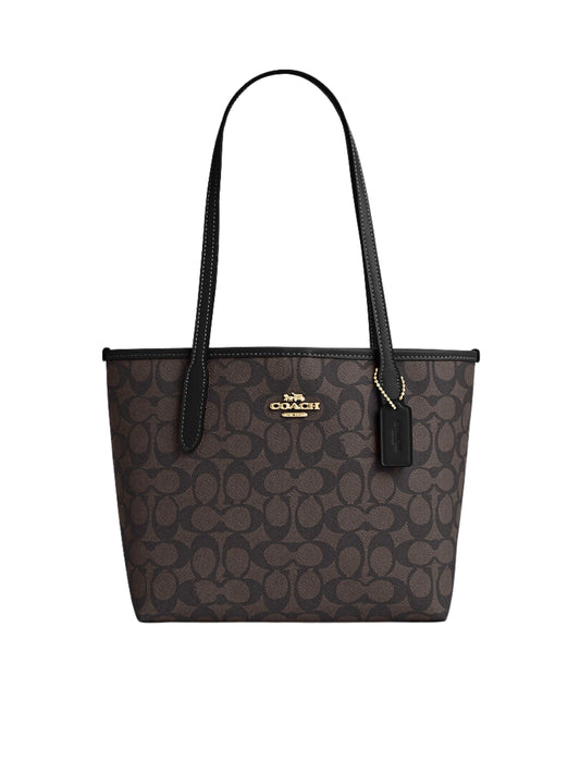 Coach-Small-City-Tote-Bag-In-Signature-Canvas-Walnut-Black