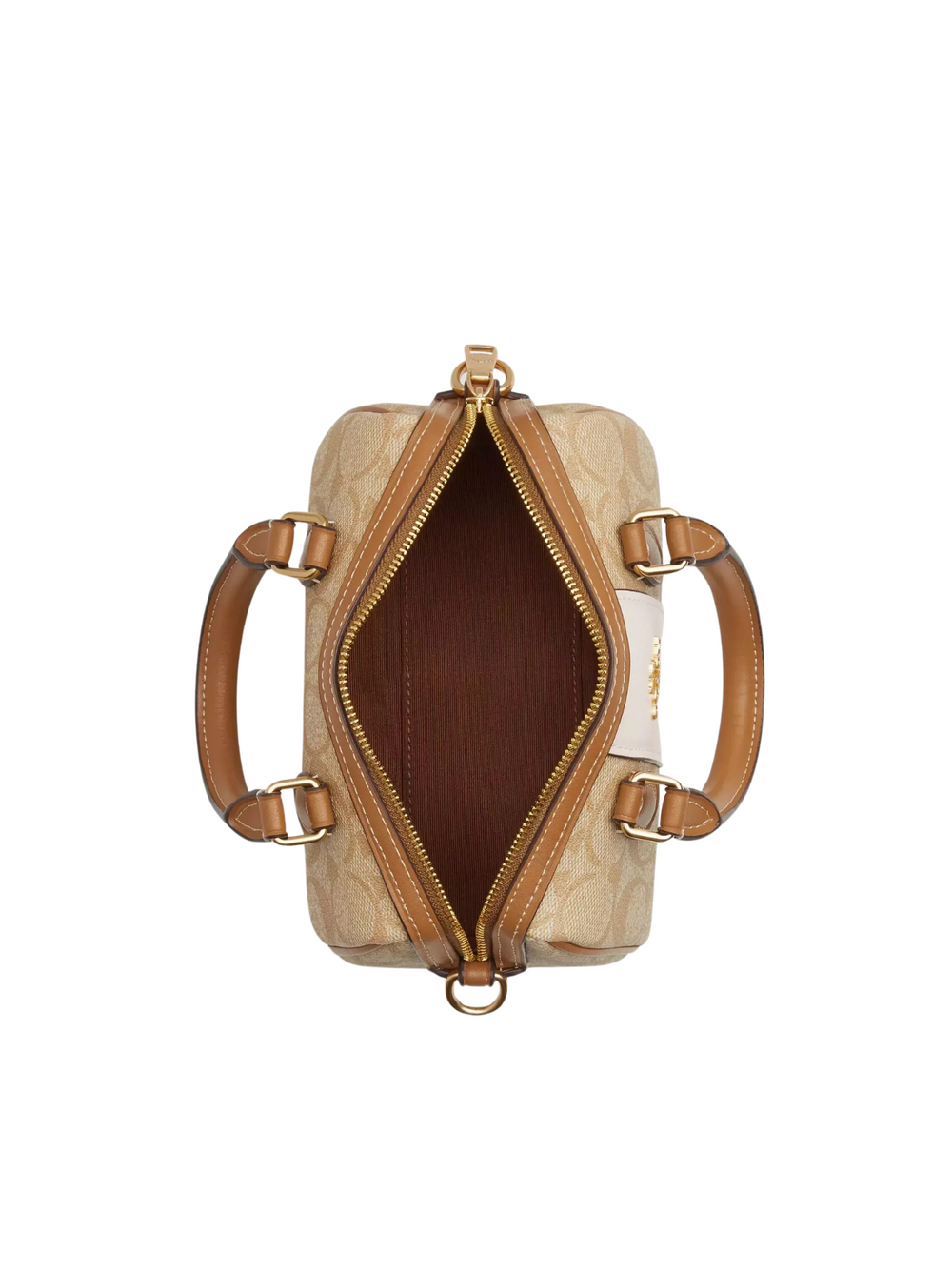 Gambar-dalam-Coach-Mini-Rowan-Crossbody-In-Signature-Canvas-With-Stripe-Light-Khaki-Chalk-Saddle