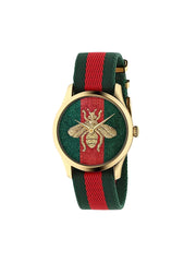 Gucci-G-Timeless-Bee-Red-Green-Dial-Two-Tone-Nylon-Strap-Watch