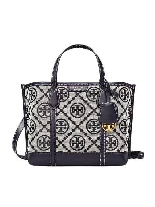 Tory Burch Perry T Monogram Small Triple-Compartment Tote Bag Tory Navy