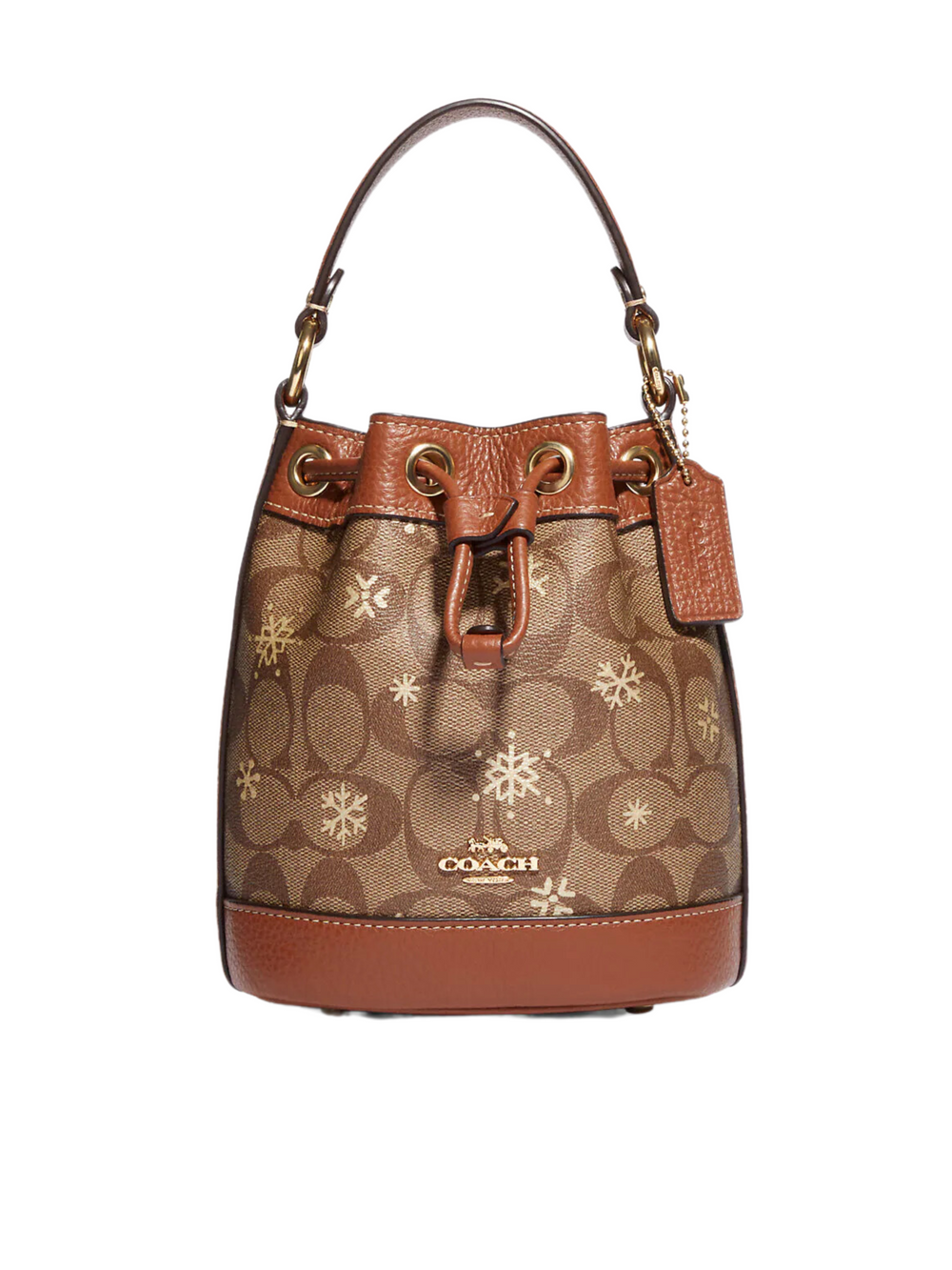 bagian-depan-Coach- Dempsey-Drawstring- Bucket -Bag -15 -In- Signature -Canvas -With- Snowflake Print -Khaki -Multi