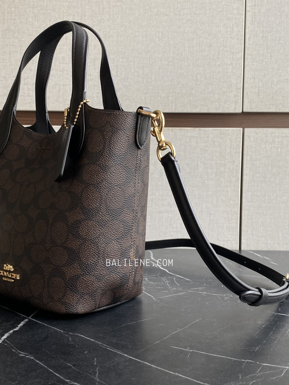 detail-samping-Coach-Hanna-Bucket-Bag-In-Signature-Canvas-Walnut-Black-balilene