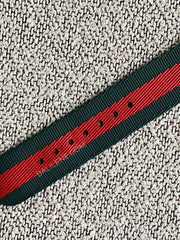 detail-strap-1-Gucci-G-Timeless-Bee-Red-Green-Dial-Two-Tone-Nylon-Strap-Watch-balilene