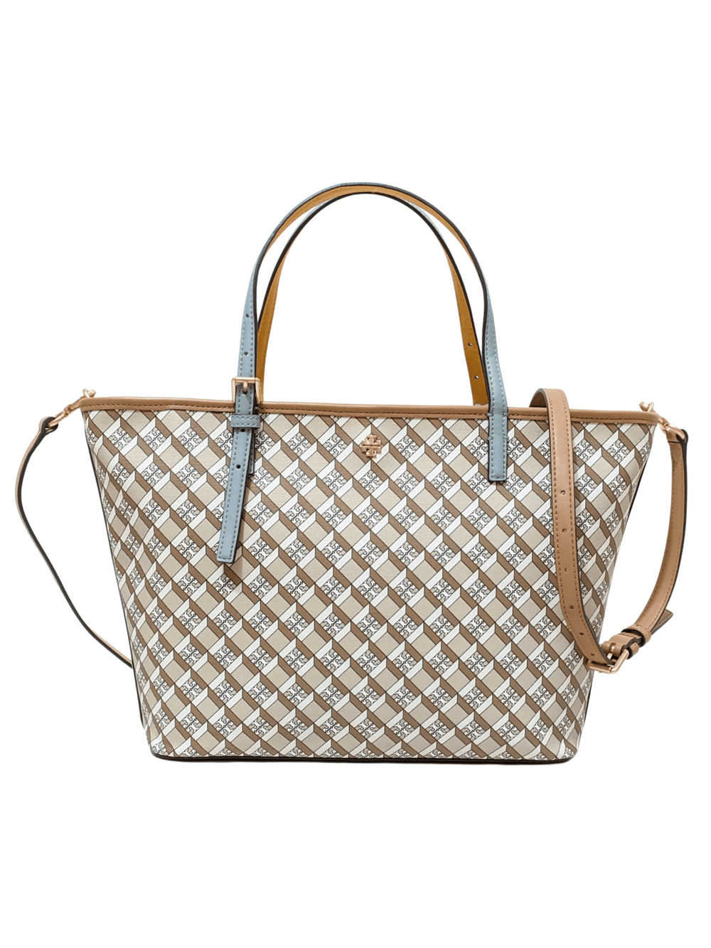 gambar-depan-Tory-Burch-Geo-Logo-Colorblock-Mini-Zip-Tote-Hazelnut-Logo-Allover