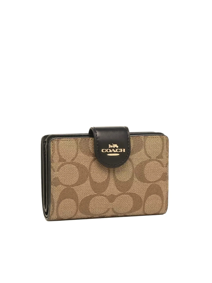 Coach Khaki and Black Signature C Leather top Large Wallet