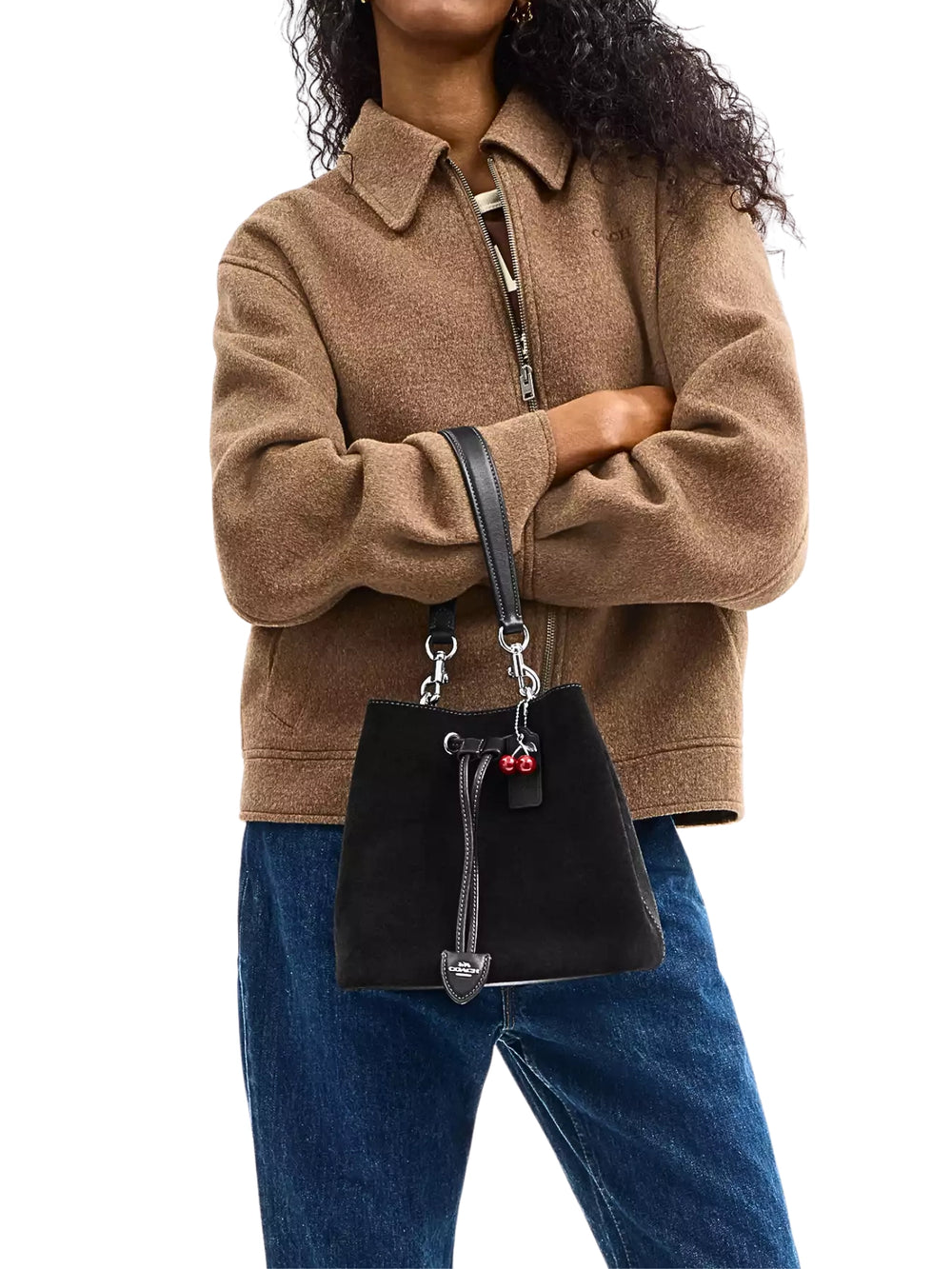 on-model-1-Coach-Rowan-Bucket-Bag-With-Cherry-Charm-Black