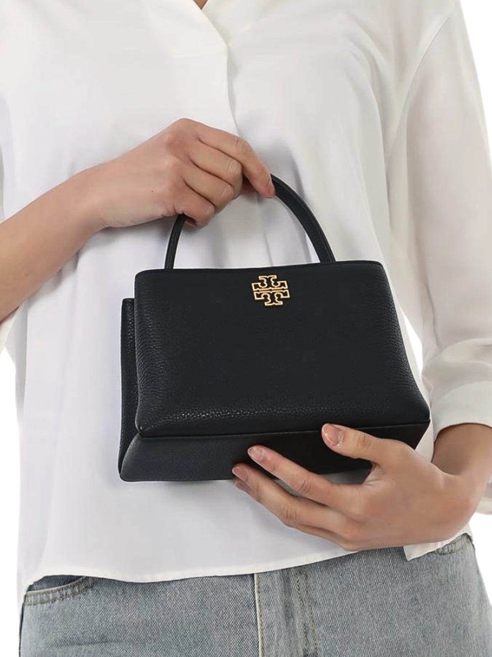 on-model-1-Tory-Burch-Britten-Mini-Satchel-Bag-Black