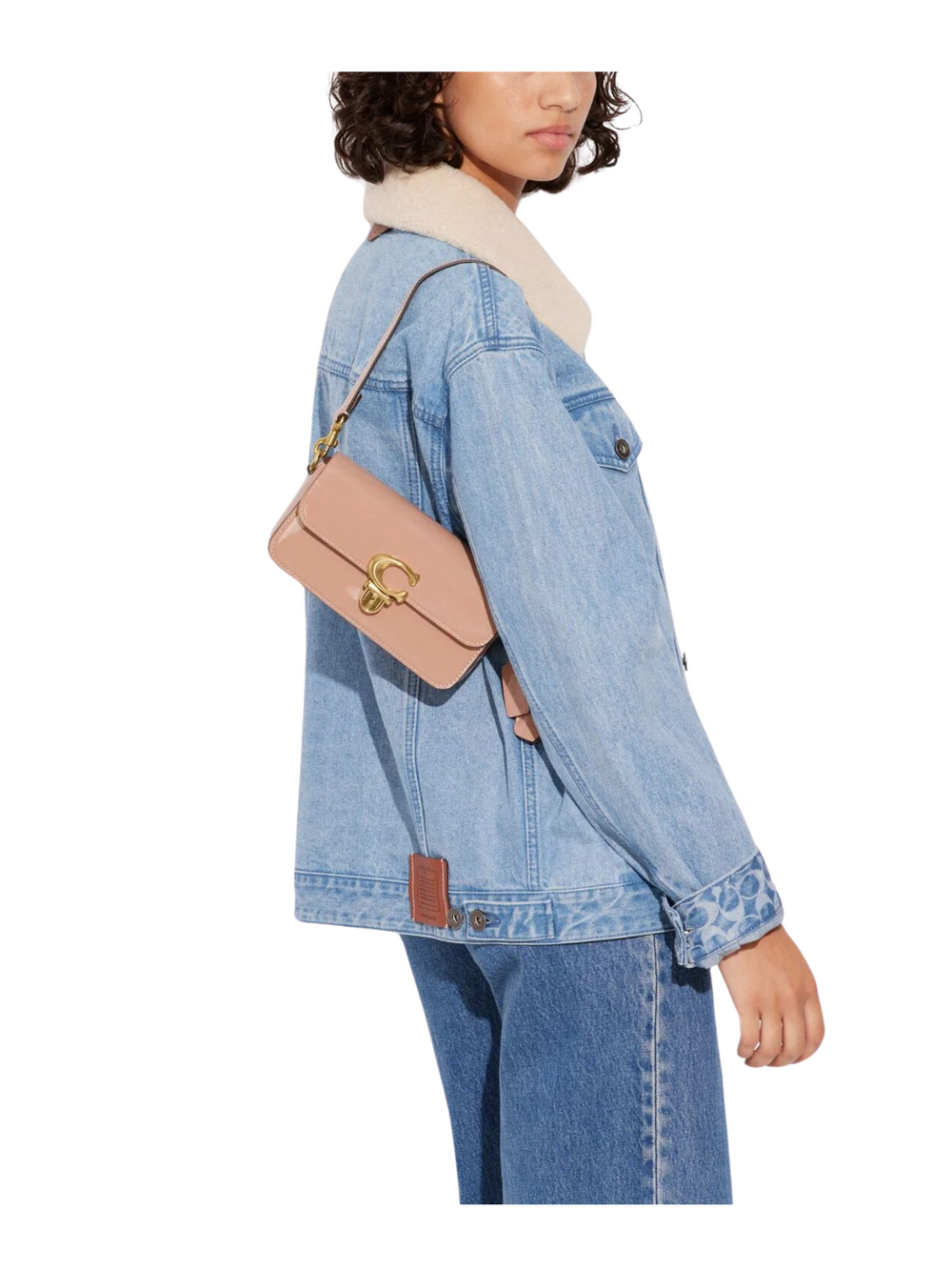 on-model-2-Coach-Studio-Baguette-Mini-In-Patent-Leather-Shoulder-Bag-Latte