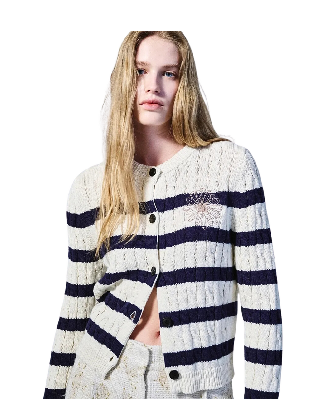 on-model-2-Mardi-Cotton-Cardigan-Round-Neck-Stripe-Ivory-Beige