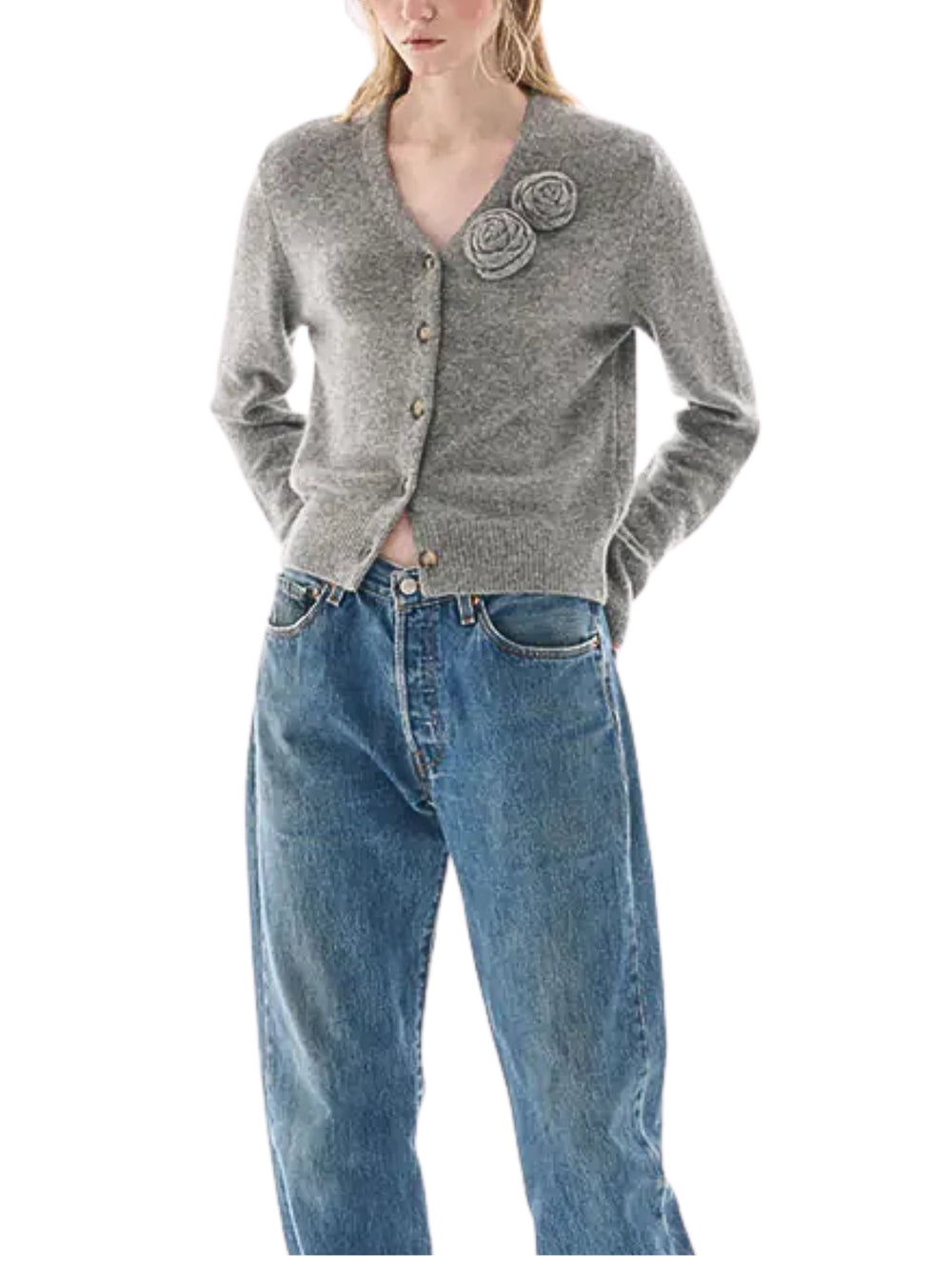 on-model-2-Mardi-Mercredi-Cashmere-Blended-Cardigan-V-Neck-Rose-Grey