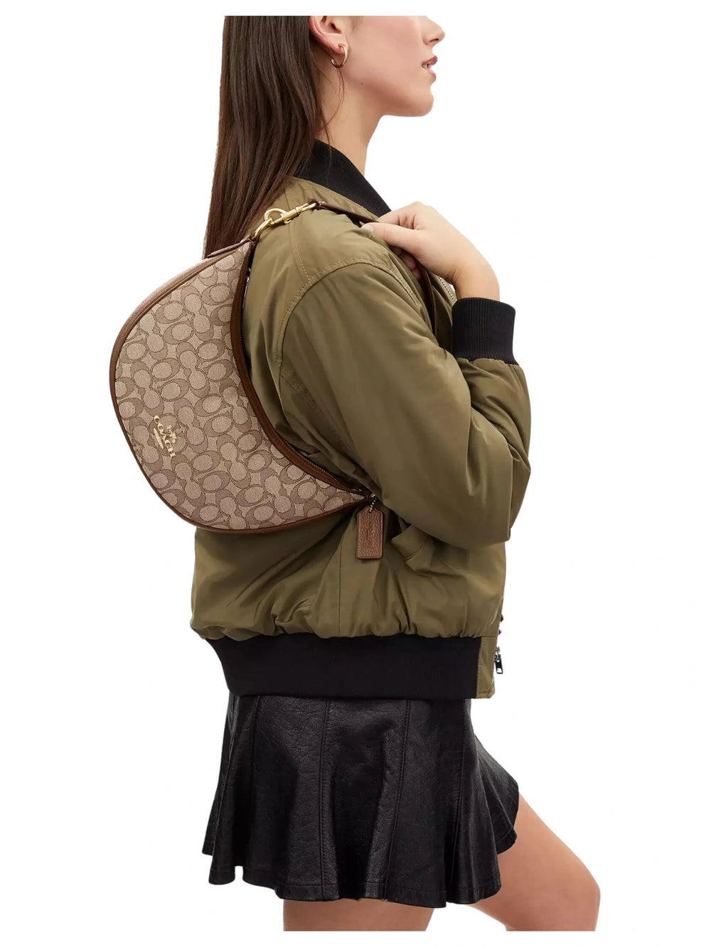 on-model-Coach-Aria-Shoulder-Bag-In-Signature-Jacquard-Khaki-Saddle-Multi