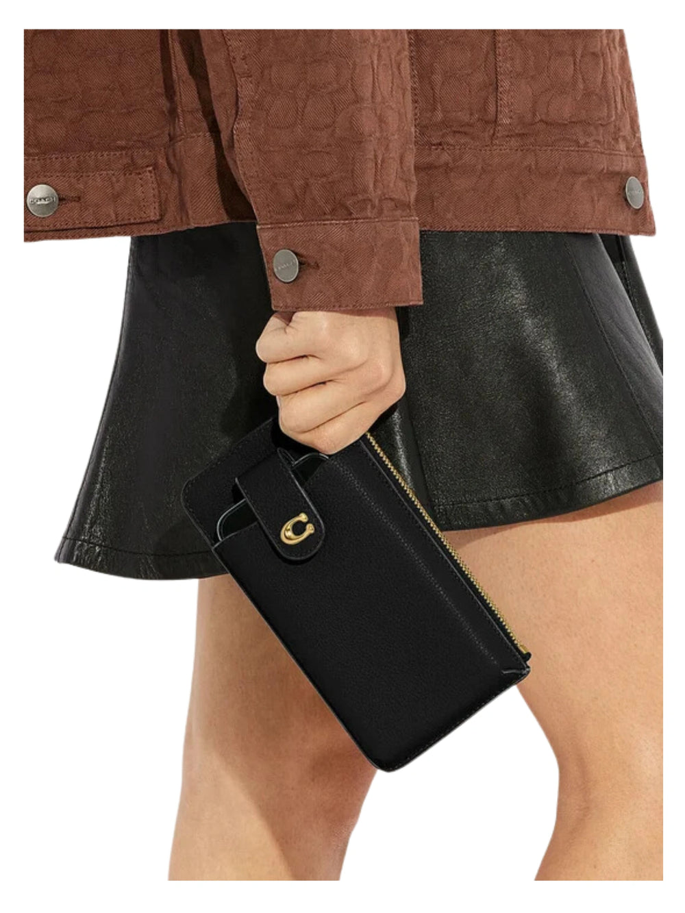 on-model-Coach-Essential-Polished-Pebble-Leather-Phone-Wallet-Black