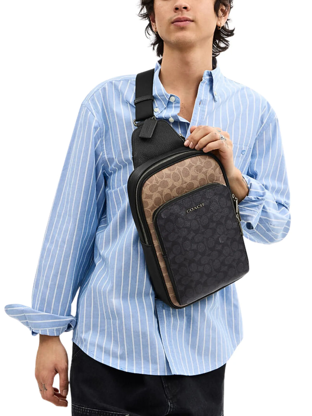 on-model-Coach-Ethan-Pack-In-Blocked-In-Signature-Canvas-Tan-Charcoal-Black