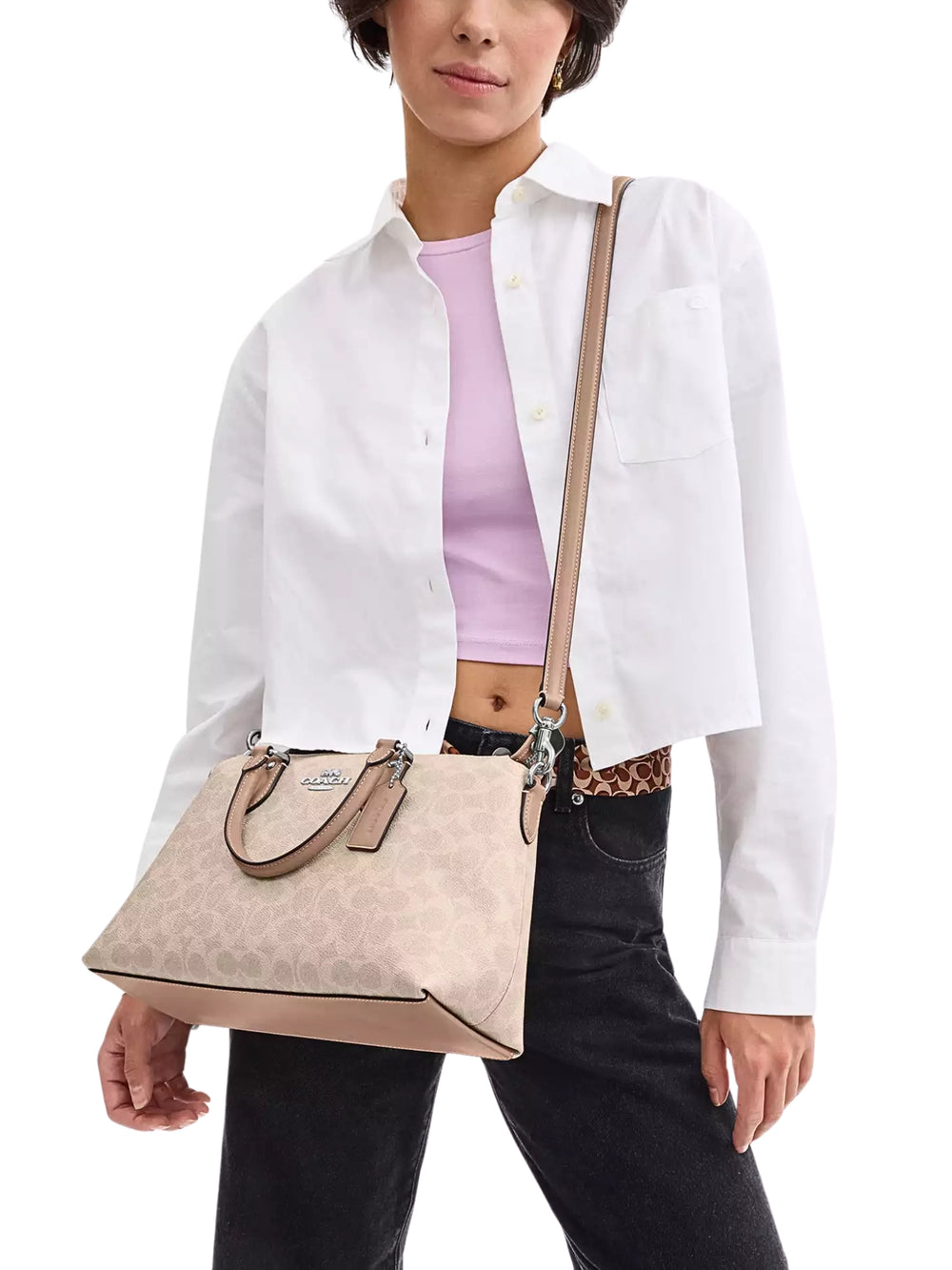 on-model-Coach-Georgia-Satchel-Bag-In-Signature-Canvas-Sand-Taupe