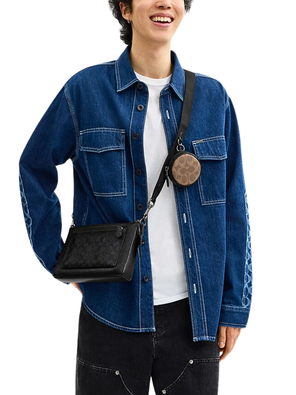 on-model-Coach-Holden-Crossbody-In-Blocked-Signature-Canvas-Charcoal-Tan-Black