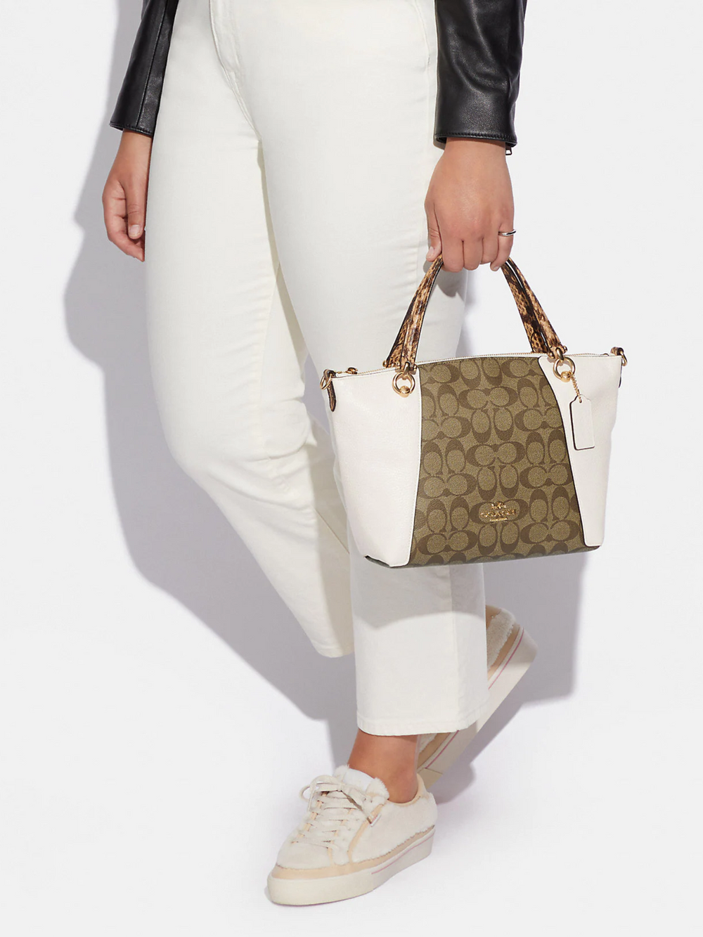 on-model-Coach-Kacey-SatchelIn-Colorblock-Signature-Canvas-Khaki-Chalk-Multi