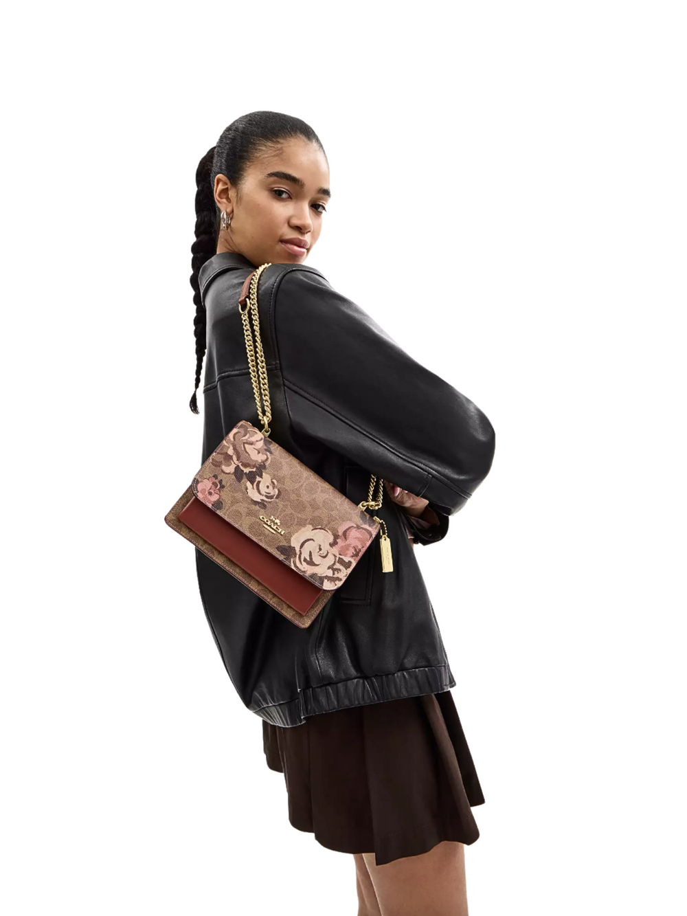 on-model-Coach-Klare-Crossbody-Bag-In-Signature-Canvas-With-Rose-Print-Tan-Multi