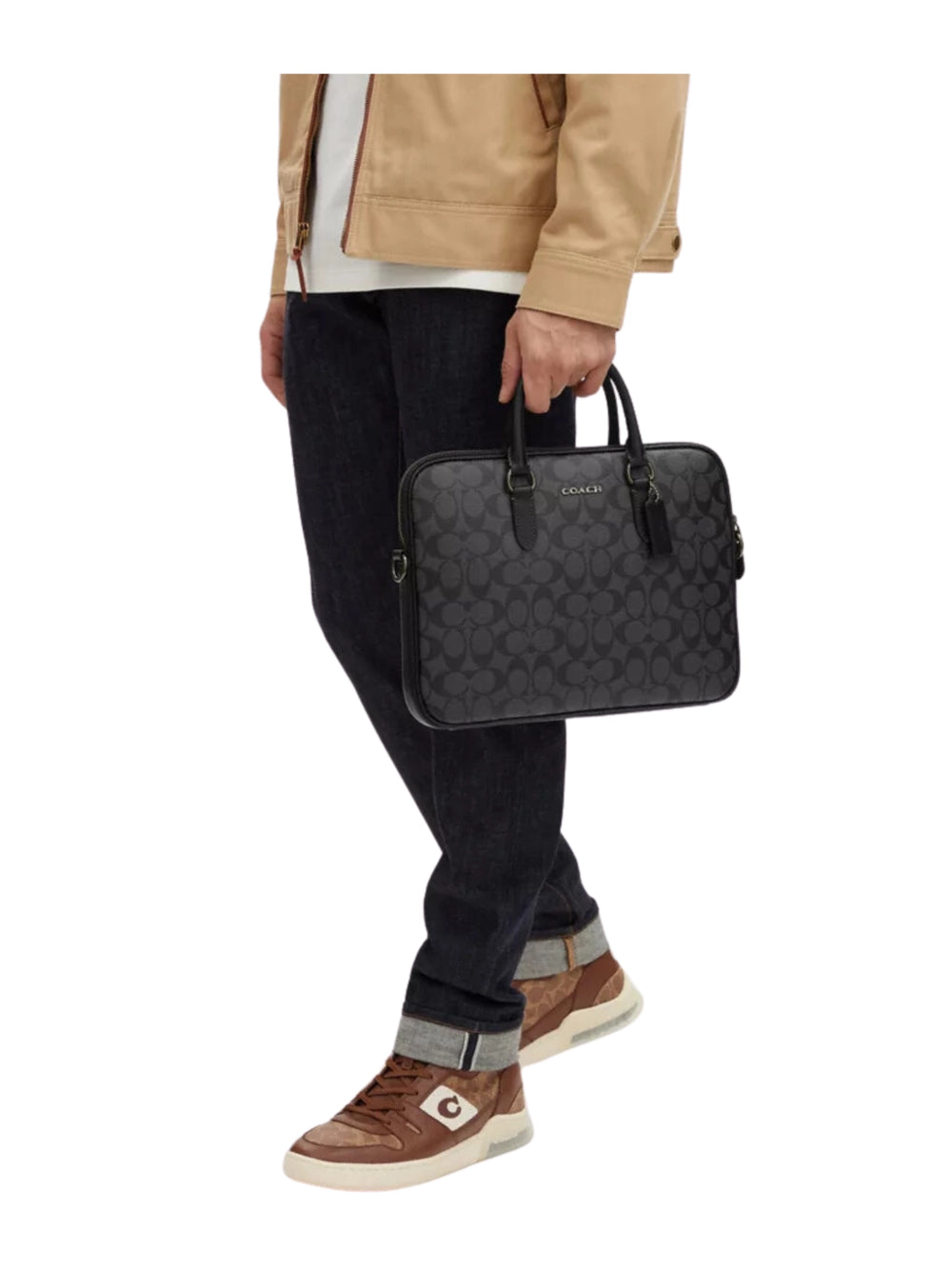 on-model-Coach-Liam-Compact-Brief-In-Signature-Canvas-Charcoal-Black