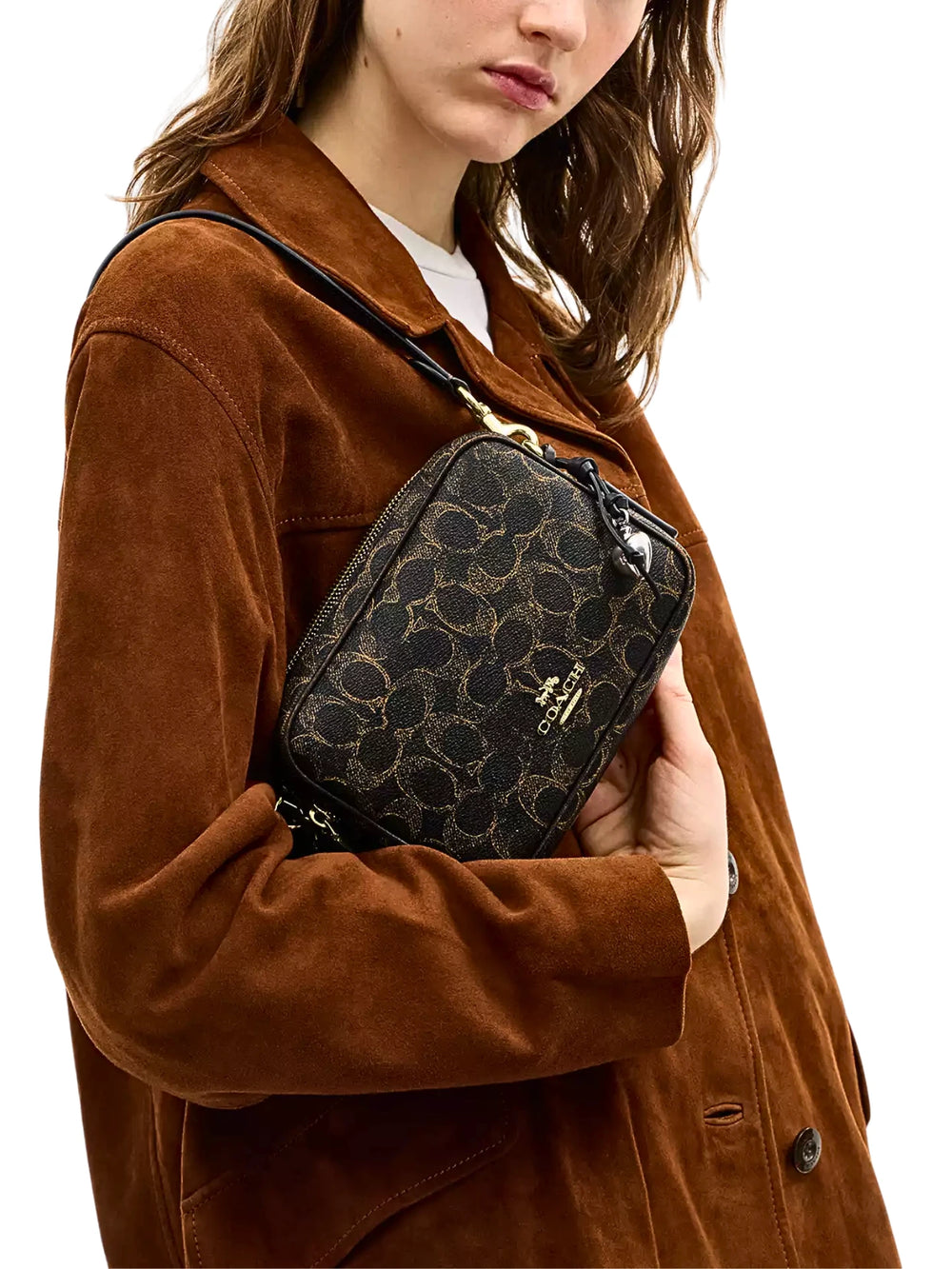 on-model-Coach-Mini-Carey-Crossbody-Bag-In-Loved-Signature-Canvas-Brown