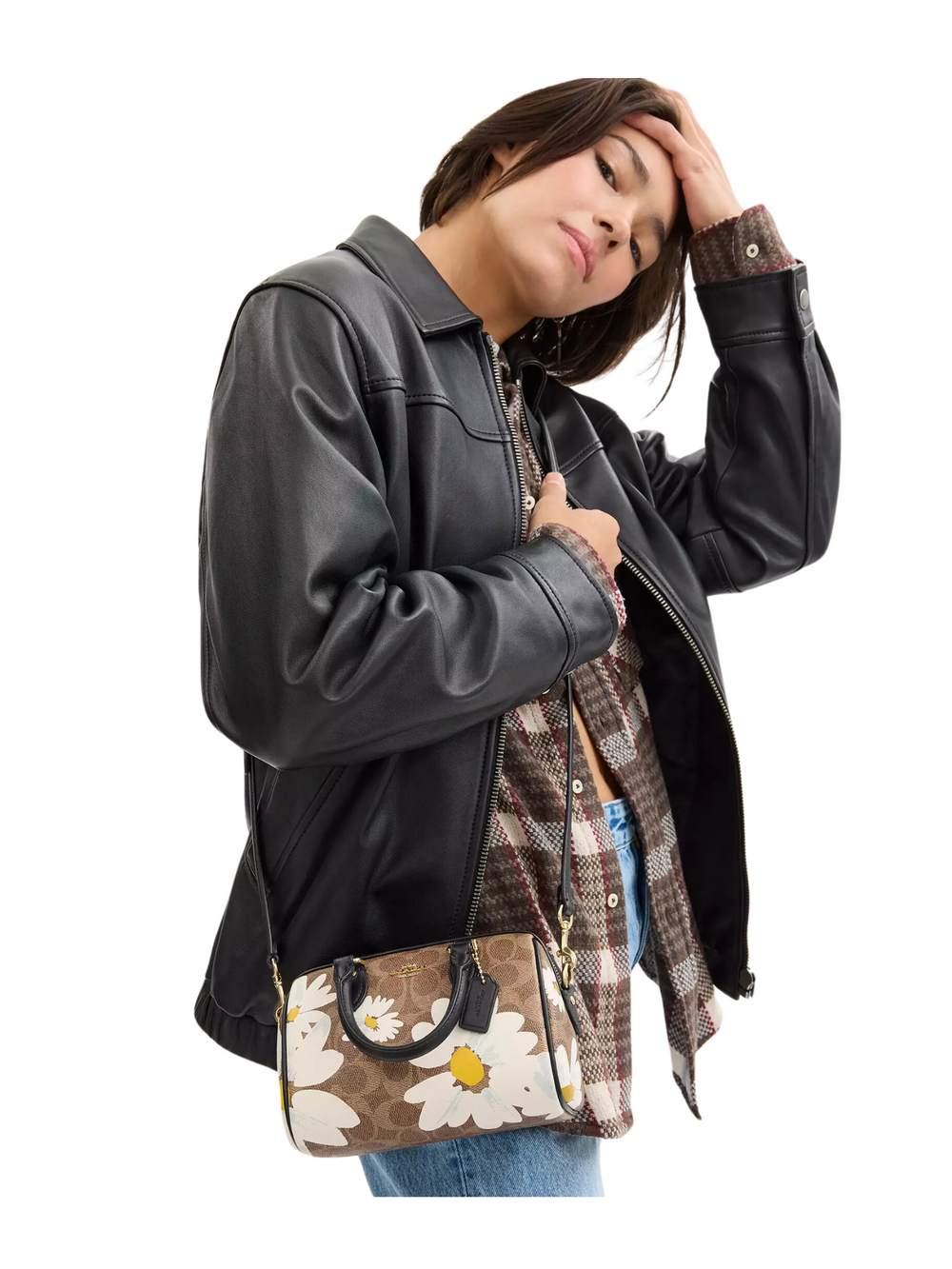 on-model-Coach-Mini-Rowan-Crossbody-Bag-In-Signature-Canvas-With-FloraL-Print-Tan-Multi