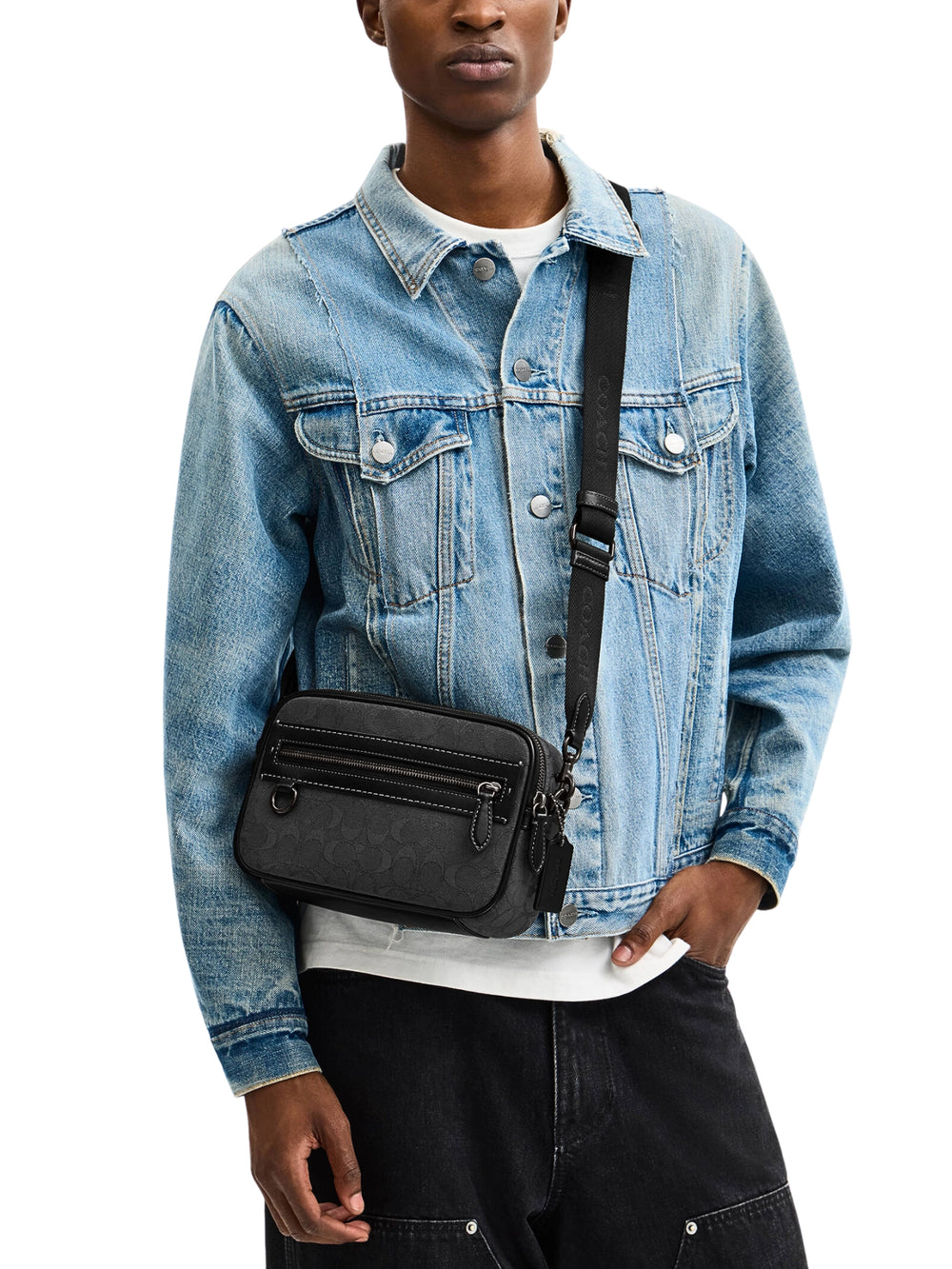 on-model-Coach-Theo-Camera-Bag-In-Signature-Jacquard-Black