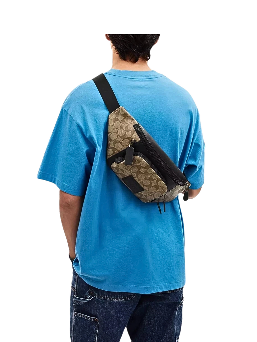 on-model-Coach-Track-Belt-Bag-In-Signature-Canvas-Khaki-Black