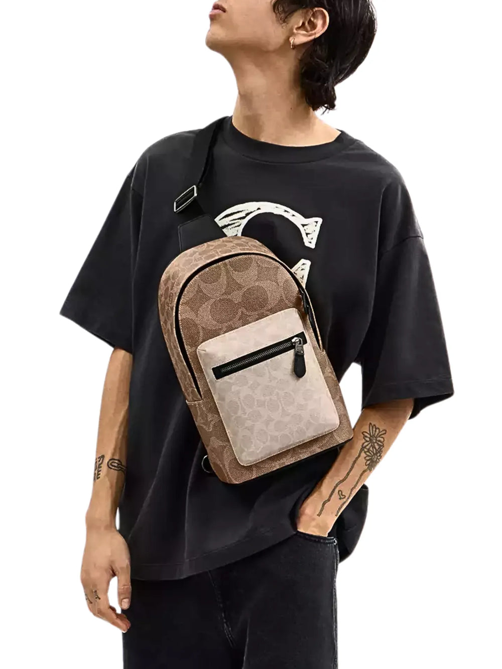 on-model-Coach-West-Pack-In-Blocked-Signature-Canvas-Sand-Tan