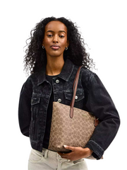 on-model-Coach-Zip-Top-Tote-Bag-In-Signature-Canvas-Tan-Brown