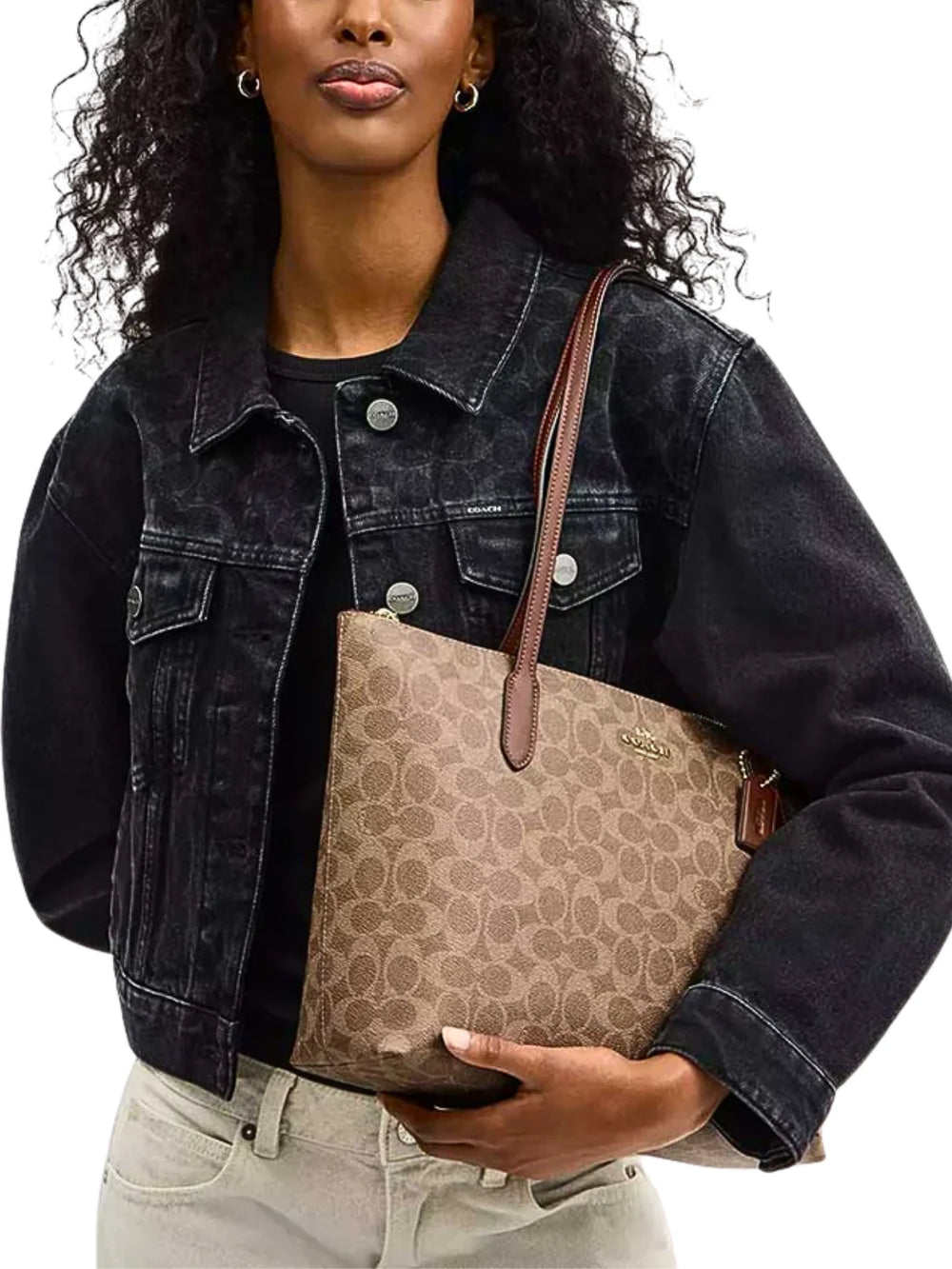 on-model-Coach-Zip-Top-Tote-In-Signature-Canvas-Tan-Brown