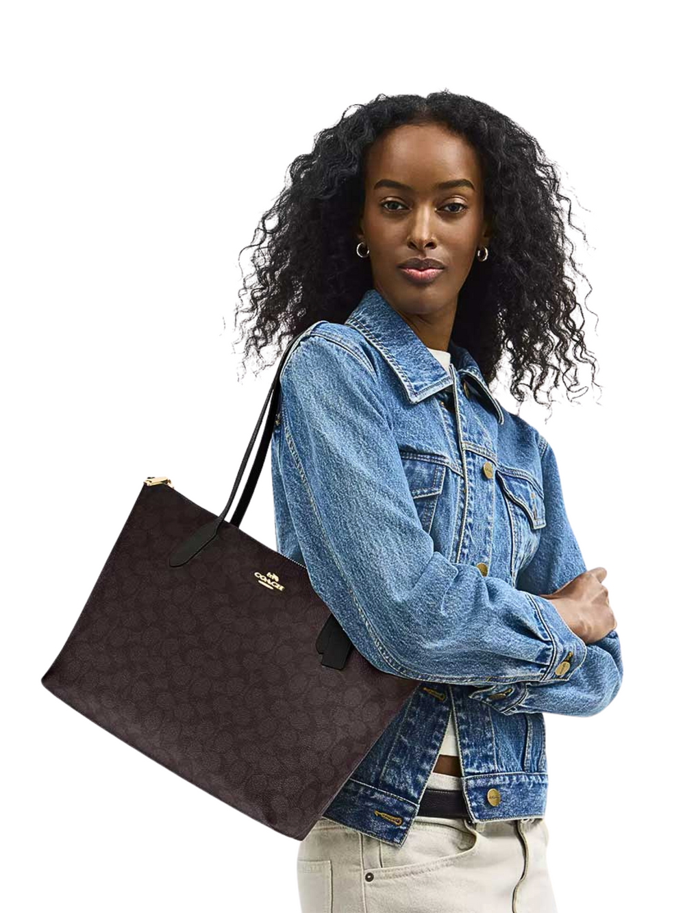 on-model-Coach-Zip-Top-Tote-In-Signature-Canvas-Walnut-Black