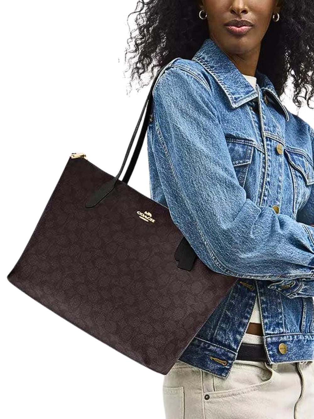 on-model-Coach-Zip-Top-Tote-In-Signature-Canvas-Walnut-Black