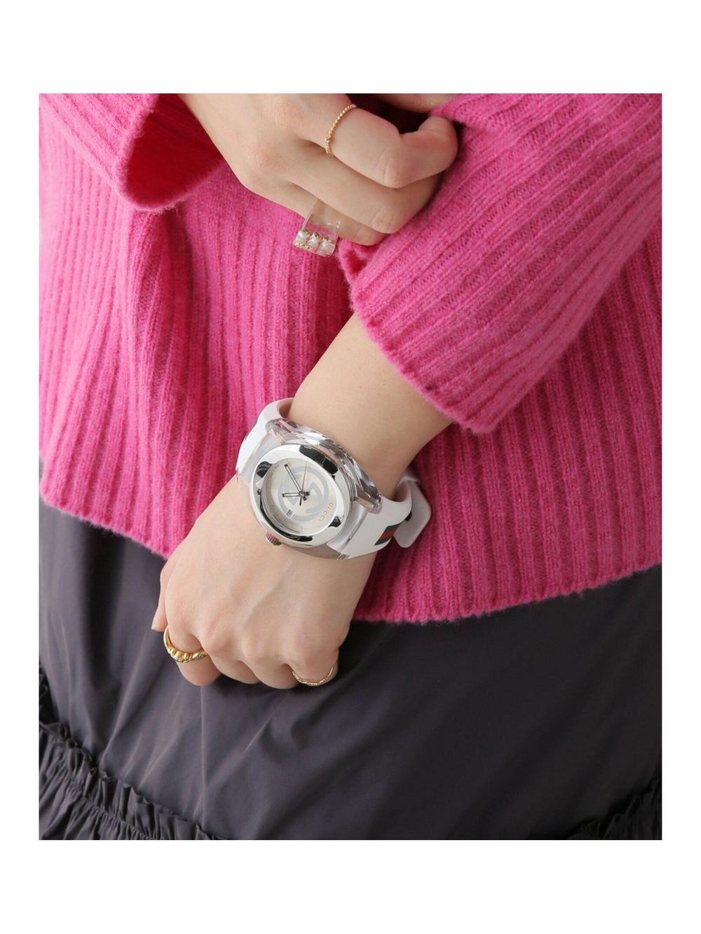 on-model-Gucci-Sync-Stainless-Steel-Silver-White-Rubber-Strap-Watch