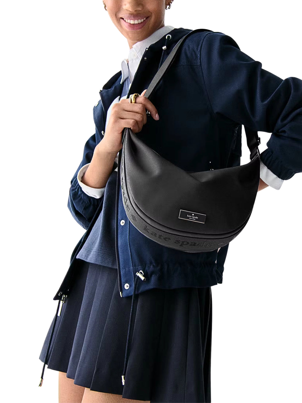 on-model-Kate-Spade-Carter-Nylon-Medium-Sling-Bag-Black