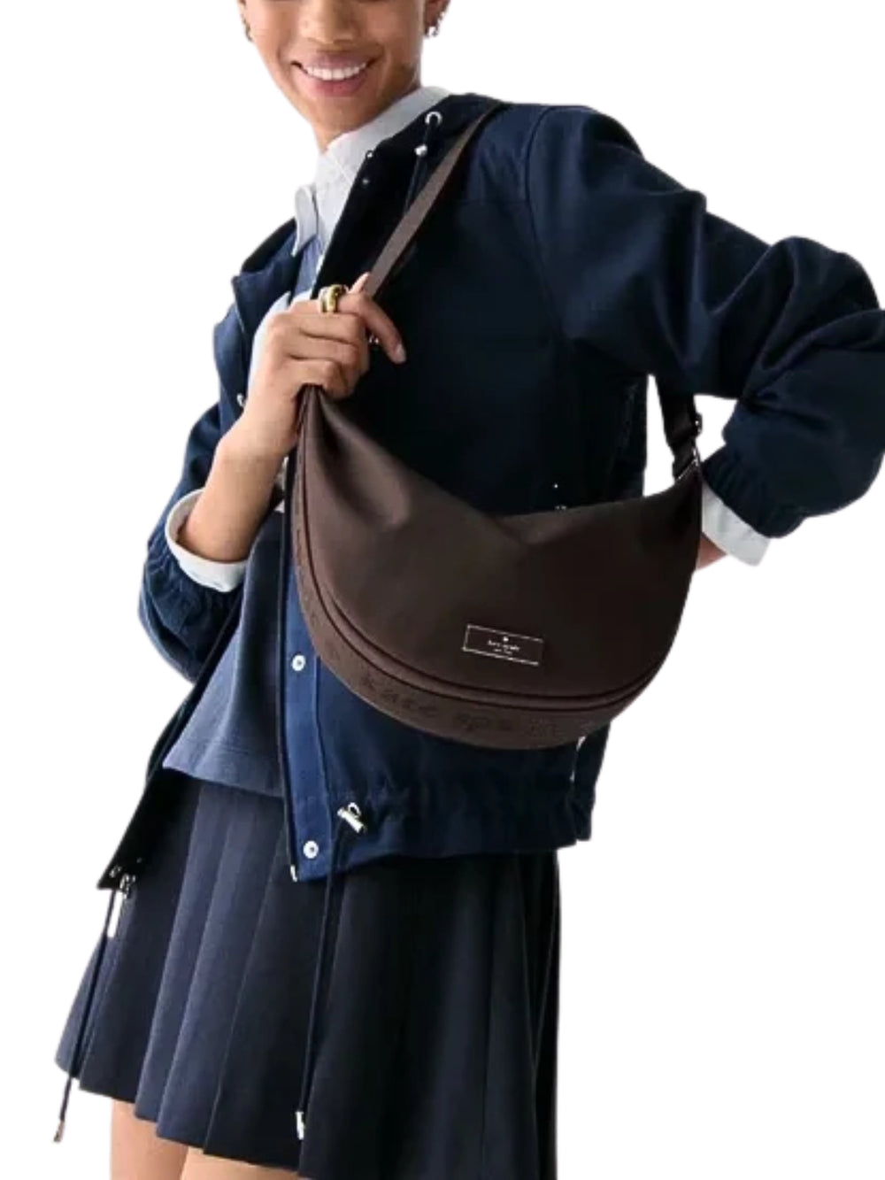 on-model-Kate-Spade-Carter-Nylon-Medium-Sling-Bag-Hot-Fudge