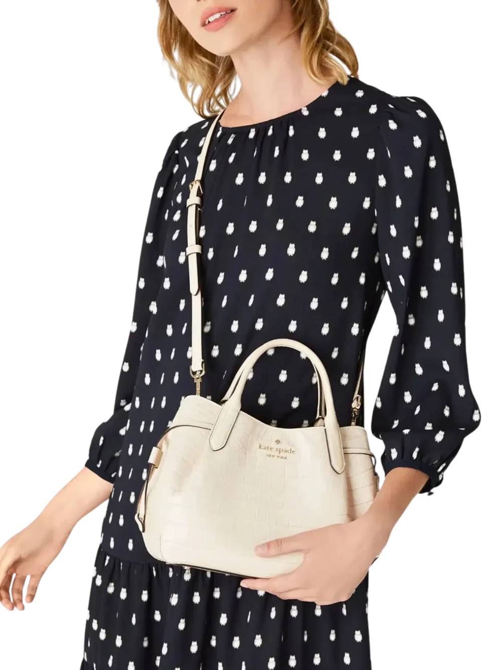 on-model-Kate-Spade-Dumpling-Croc-Embossed-Small-Satchel-Bag-In-Bare