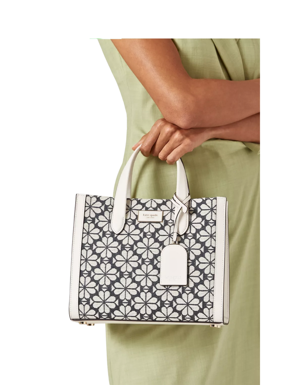 on-model-Kate-Spade-Flower-Jacquard-Manhattan-Small-Tote-Charcoal-Grey-Multi