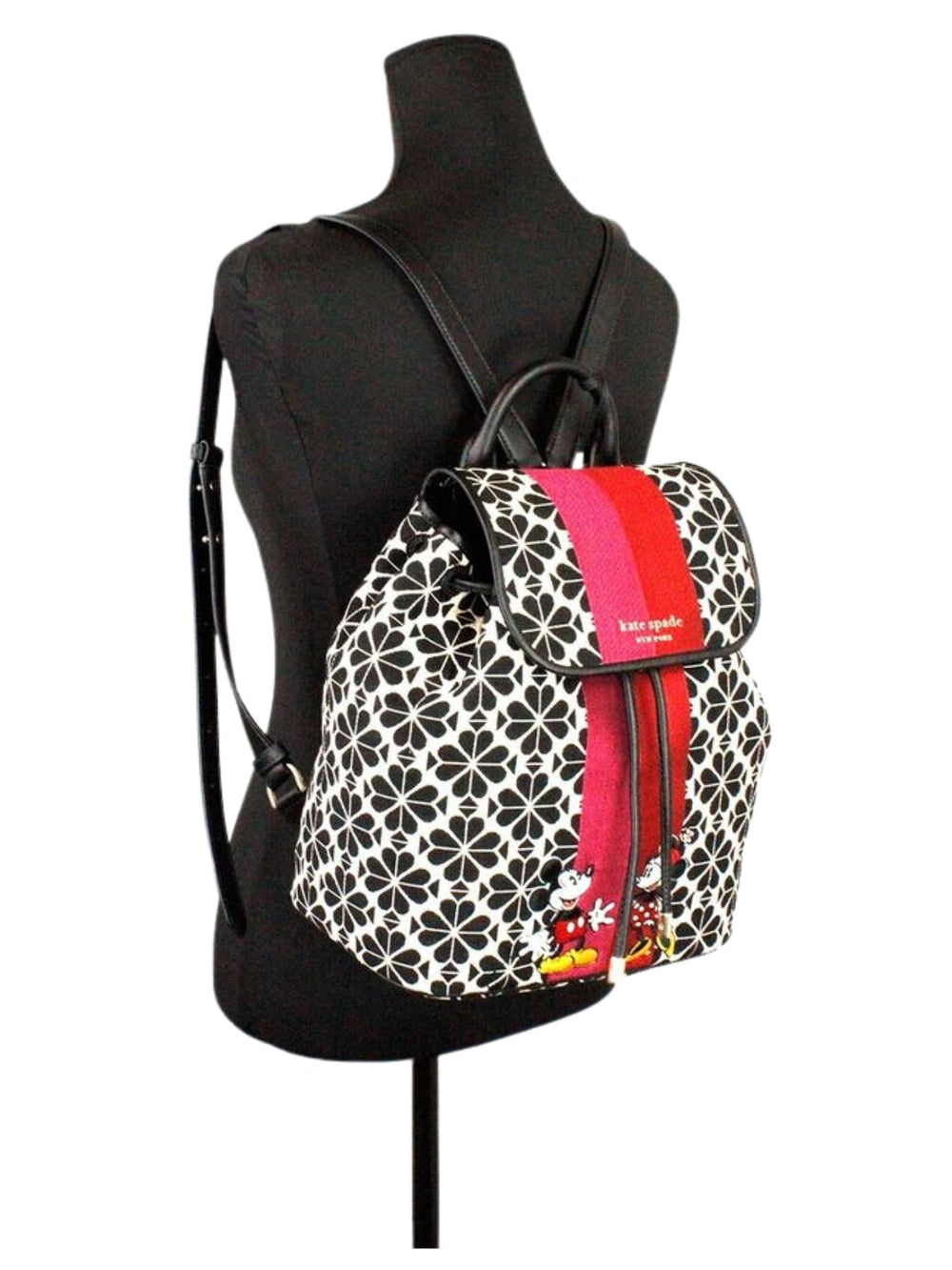 on-model-Kate-Spade-Flower-Jacquard-Sinch-Medium-Flap-Backpack-X-Disney-Cream-Multi