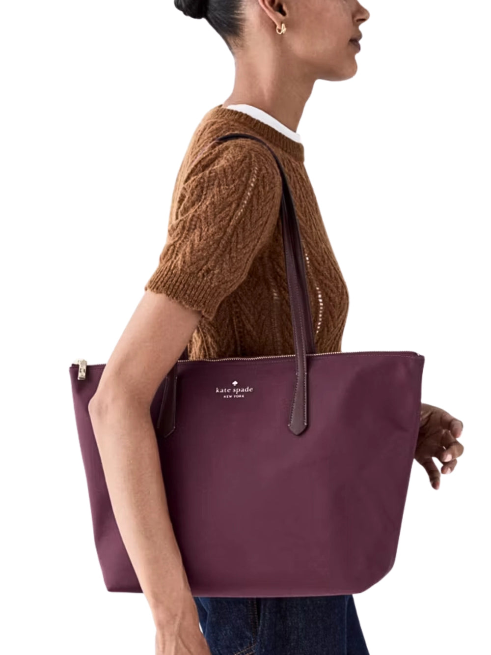 on-model-Kate-Spade-Kitt-Medium-Nylon-Tote-Bag-Deep-Cherry
