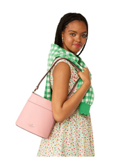 on-model-Kate-Spade-Leila-Pebbled-Leather-Small-Bucket-Bag-Rose
