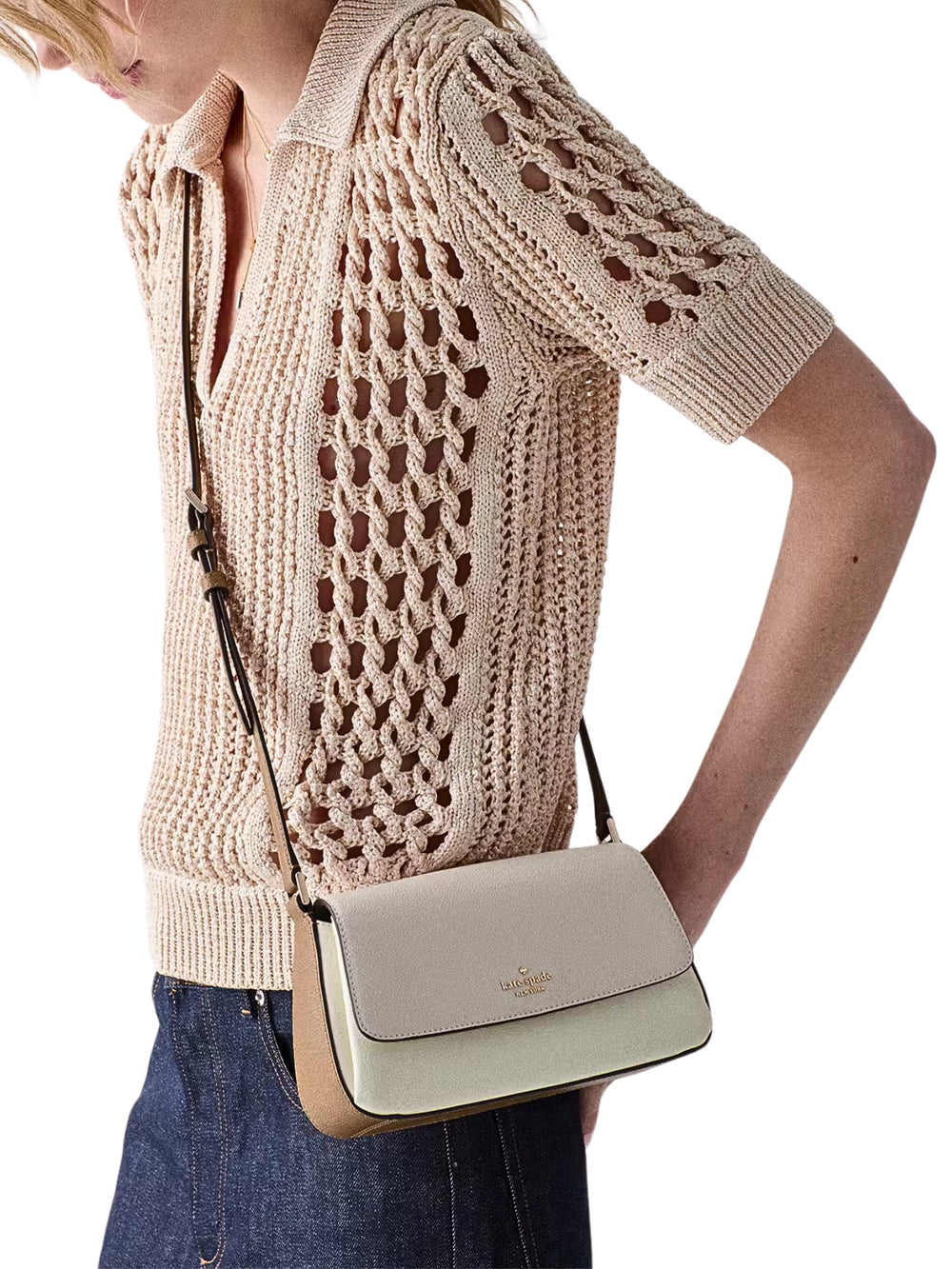 on-model-Kate-Spade-Sutton-Mini-Flap-Crossbody-Bag-Powdered-Sugar-Multi
