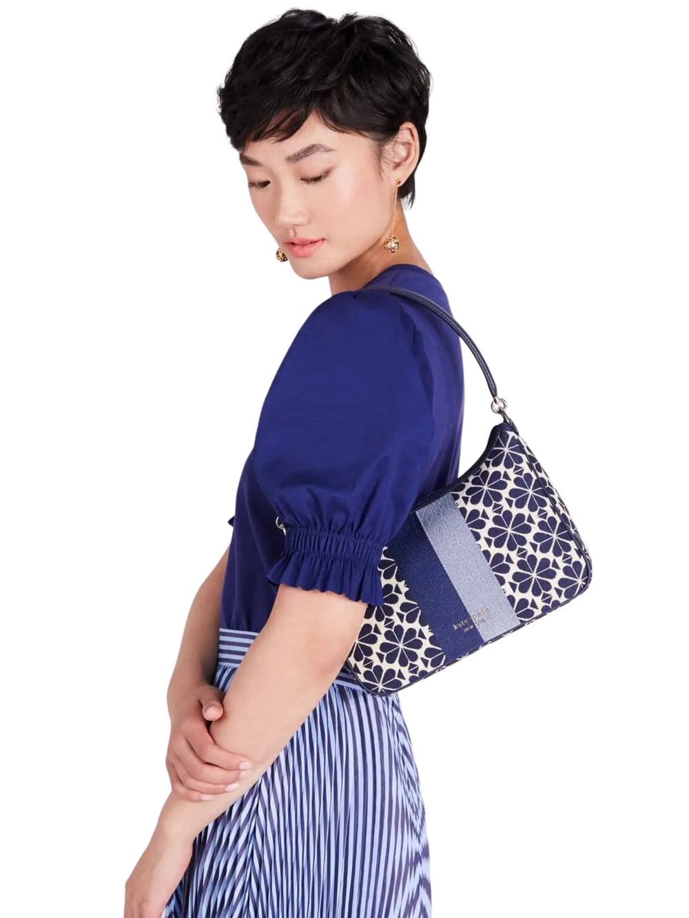 on-model-Kate- Spade -Sam- Spade-Flower- Jacquard -Small -Convertible -Shoulder- Bag- Blue- Multi