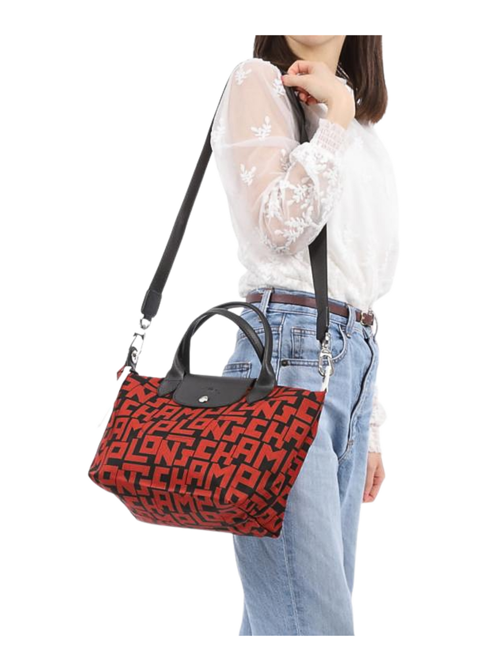 on-model-Longchamp-Le-Pliage-LGP-Small-Top-Handle-Black-Red