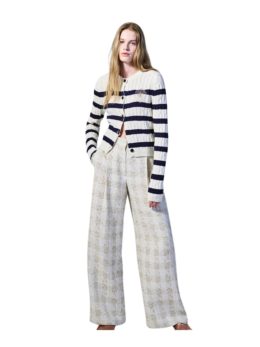 on-model-Mardi-Cotton-Cardigan-Round-Neck-Stripe-Ivory-Beige