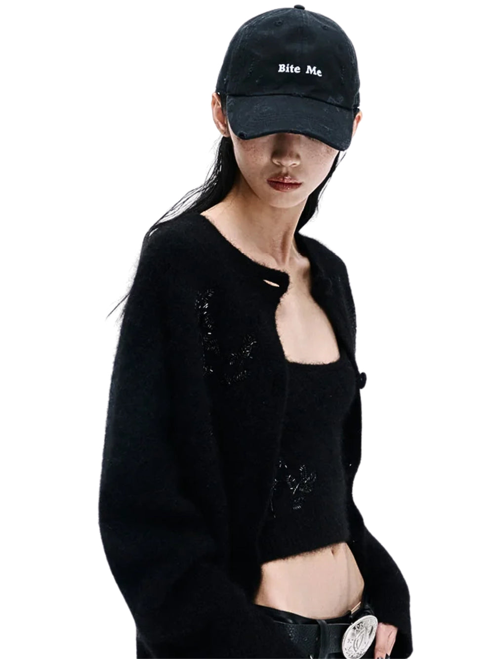 on-model-Mark-Gong-BITE-ME-Distressed-Baseball-Cap-Black