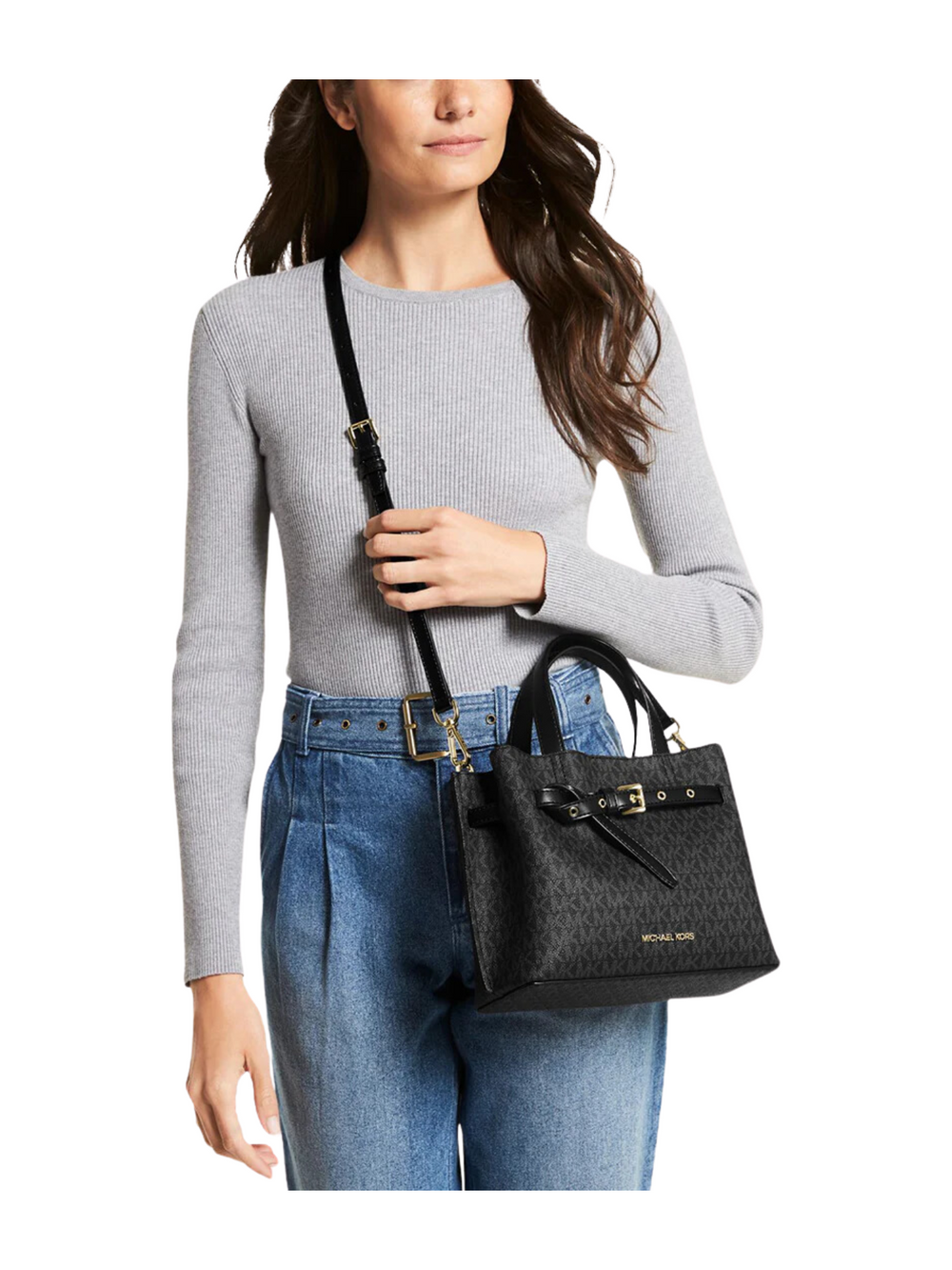 on-model-Michael-Kors-Emilia-Small-Logo-Satchel-Black
